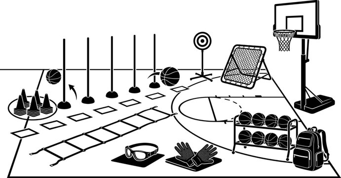 Basketball training equipment vector illustration featuring hoops, cones, agility ladder, and balls