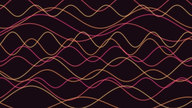 Abstract neon wave motion background, glowing pink and orange sine waves animation