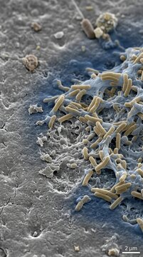 Ideonella sakaiensis bacterium colony, secreting petase within an extracellular polymeric substance biofilm, excavating an erosion pit on synthetic polymer surface.