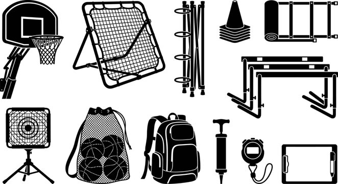 Basketball training equipment vector set with hoop, rebounder net, bag, cones, agility ladder, and whistle for sports practice
