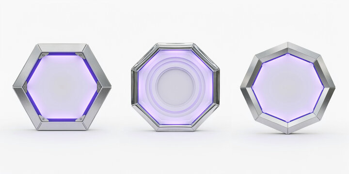 Three metallic geometric frames with glowing purple inner edges on a clean white background
