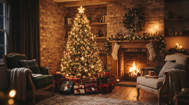 A cozy christmas scene featuring a beautifully decorated tree and a warm inviting fireplace glow