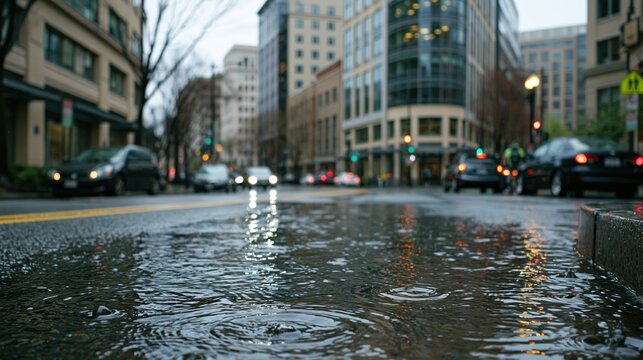 Rain - soaked city street reflecting buildings and cars after storm