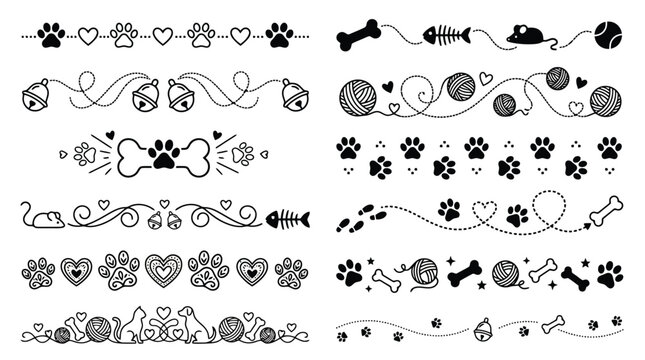 Pet shop decorative borders set, black and white animal paw print dividers, cute cat and dog accessory line art vector, 12 minimalist pet shop ornaments