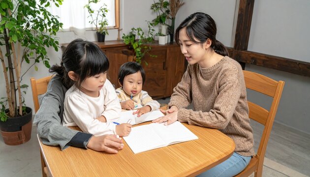 家族相談のテーブルで世代間で支える日常生活のための生活支援の分担を話し合うをする子育て中の親と住生活アドバイザー
