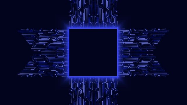 Circuit frame animation glows with a square cyber border on dark. Modern sci-fi user dashboard panels outline this circuit frame. High performance computer motherboard hardware drives frame.