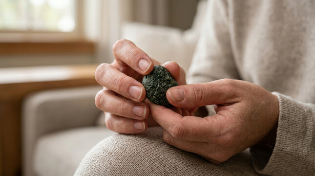 Hands holding a rough, dark green gemstone or meteorite.
