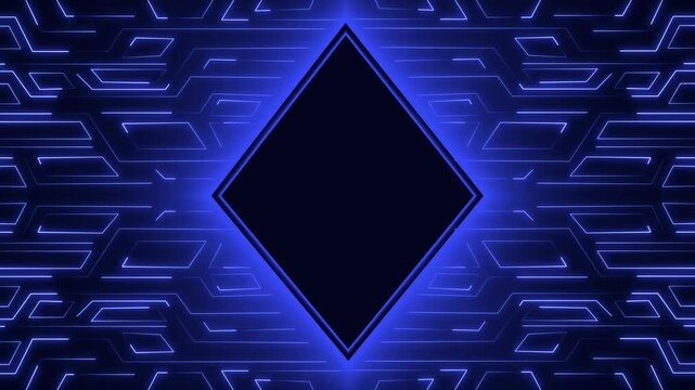 Circuit frame animation outlines a diamond display center on dark. High tech electronic screen overlays shape the active circuit frame. Modern computer motherboard telemetry routes on the frame.