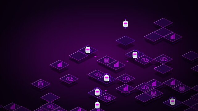 Neural network ai agent workflow glowing purple nodes data processing 4k 3d isometric motion video