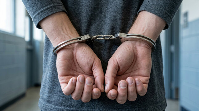 Close-up of person's hands in handcuffs, arrested criminal or suspect, justice concept