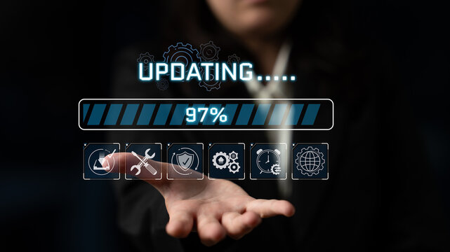 Business Person Holding Hand Out with Progress Bar Showing Update Status Near Completion in Digital Environment Sigmoid