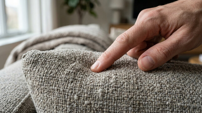 Close-up of a finger touching a textured fabric sofa, highlighting wear and tear.