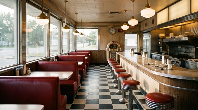 Empty interior of a classic American diner with red vinyl booths and a checkered floor layout