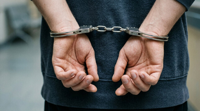 Criminal hands in handcuffs, justice concept