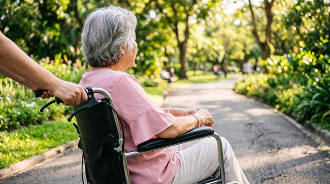 An elderly woman in a wheelchair being pushed along a peaceful path in a lush green public park