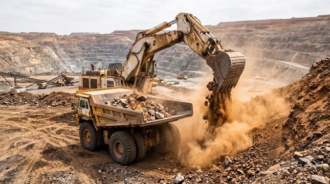 Large hydraulic excavator loading rocks into a heavy mining dumper truck at an open pit mine site