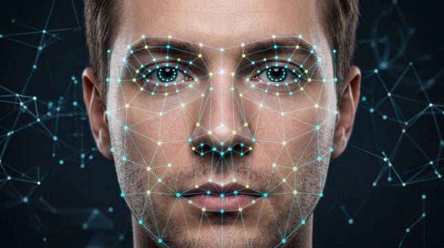 Close up of a man face with digital biometric facial recognition mapping points and mesh lines