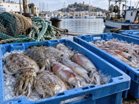 Fangfrische Tintenfische und Sepien liegen auf Eis in blauen Fischkisten am Hafen. Authentische spanische Fischerei mit Fischerboot und maritimer K&uuml;stenkulisse.