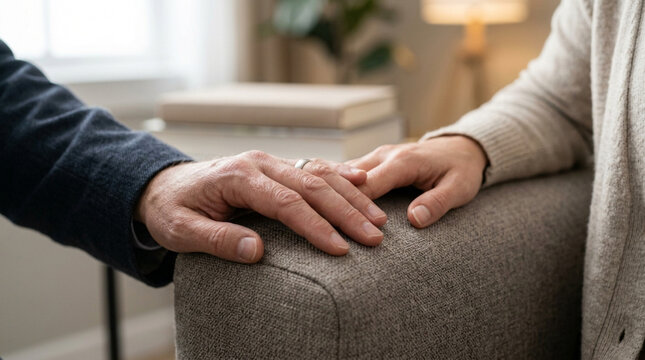 Comforting hand gesture: support, care, empathy. Close-up on hands touching.