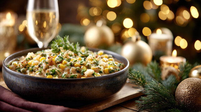 Traditional barbadian jug jug dish in a rustic bowl, served on a festive christmas table setting with glowing candles, pine branches, and golden ornaments, symbolizing holiday warmth and celebration