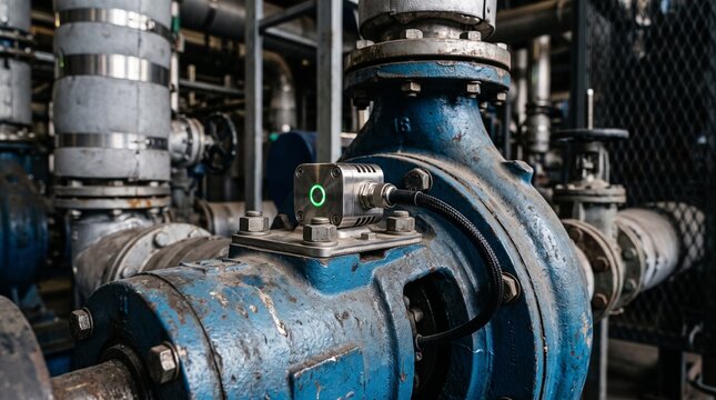 Industrial vibration monitoring sensor on cast iron water pump