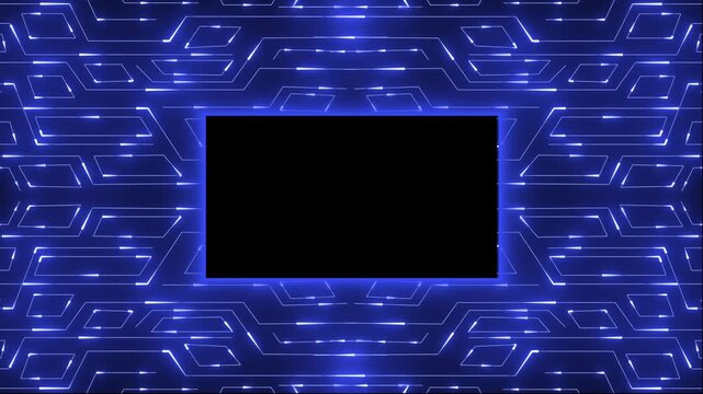 Circuit frame animation outlines an empty digital display screen space. High tech computer hardware panels shape this active circuit frame. Modern sci-fi user interface overlays use the frame.