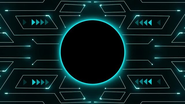 Circuit interface animation rotates around a circular center dial. High tech radar telemetry coordinates guide the circuit interface. Modern cyber surveillance control screens use the interface.