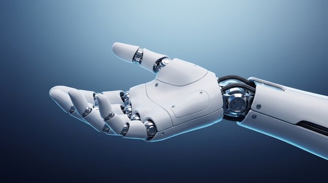 A detailed close-up of a white robotic hand reaching out in an open palm gesture against blue