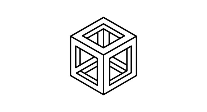 Minimalist impossible geometry cube optical illusion outline vector illustration on white background