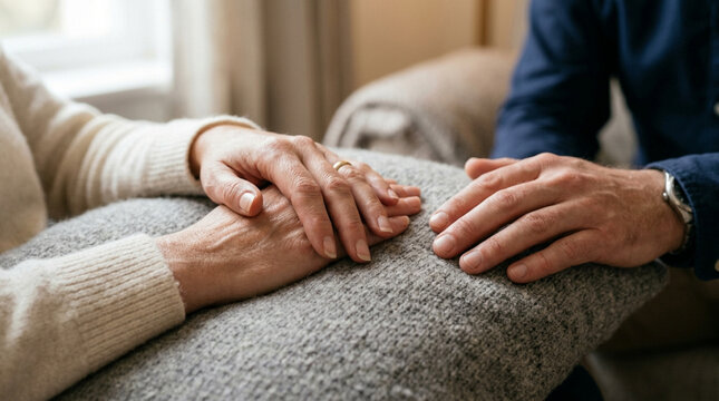 Comforting Hands: Senior Couple Holding Hands, Empathy and Support