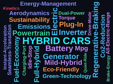 Hybrid Cars Word Cloud on a Dark Background