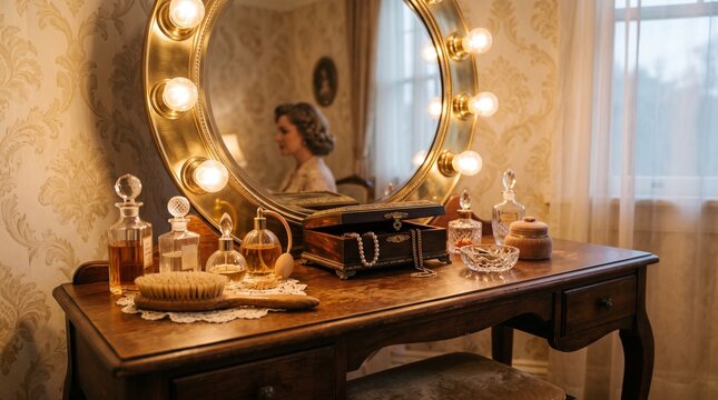 Elegant vintage vanity table with a glowing Hollywood mirror in a classic bedroom interior