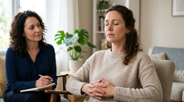 Therapist guiding patient through meditation for mental wellness