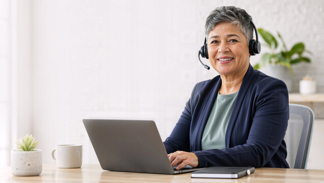 Smiling senior female customer service agent with headset. Mature woman working on laptop at desk in bright modern office. Remote work and online support concept