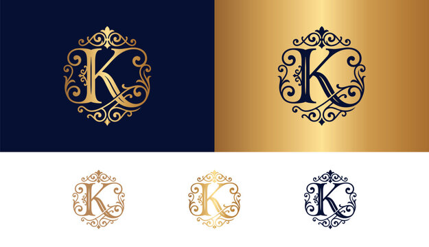 Royal gold and navy K letter monogram crest for luxury corporate identity.