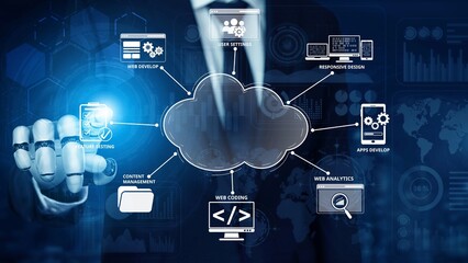 Obraz premium Cloud computing, cloud strategy, and cloud technology transforming digital infrastructure with scalable services, secure data storage, and cloud-based digital business solutions. Muxer