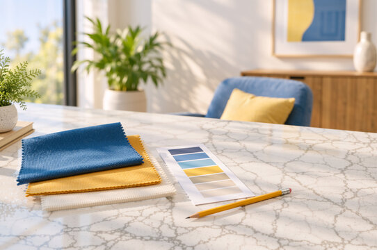 Fabric swatches and color palette on marble table. Interior design and home decoration planning concept in modern living room
