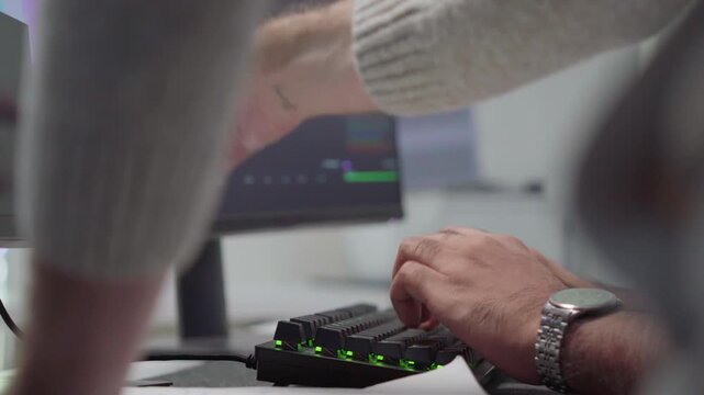 Software engineering use computer working develop AI office are assisting algorithm systems or verifying code. Programmer teamwork using artificial intelligence on laptop analysis or writing coding