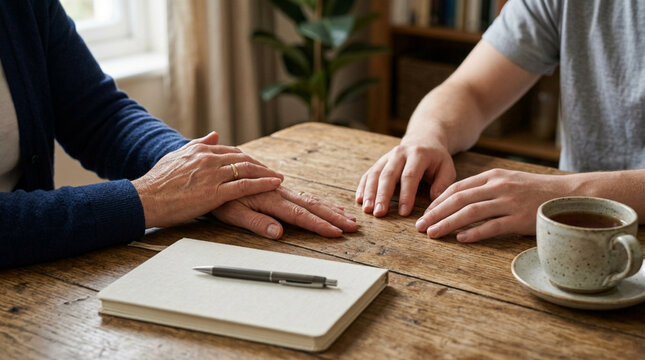 Comforting Hands, Talking Therapy, Mental Health Support, Wooden Table
