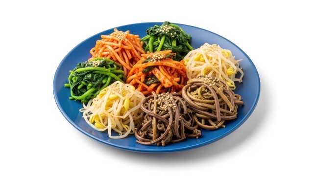 Assorted Korean Seasoned Vegetables Namul Platter on a Blue Plate Isolated on White Background