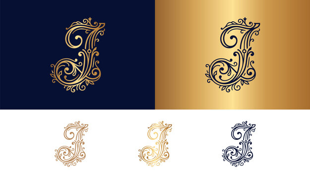 Intricate letter J initial with gold leaf design on dark blue background for logos.
