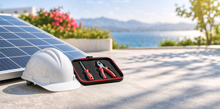 Solar panel, white hard hat, and tools on concrete surface with sea view. Renewable energy installation and sustainable power concept