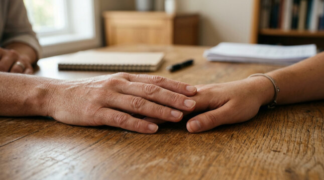 Comforting Touch: Hands Gently Resting on Wooden Table, Support and Empathy
