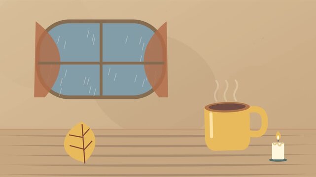 Int&eacute;rieur automnal chaleureux avec fen&ecirc;tre pluvieuse, bougie et tasse fumante