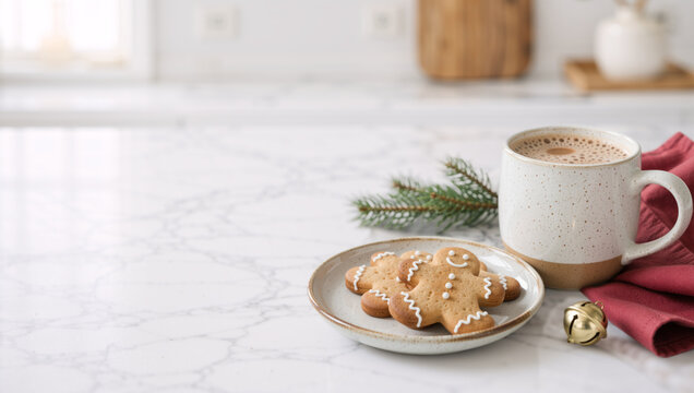 Gingerbread cookies on plate and mug of hot chocolate on marble countertop. Festive winter baking in bright kitchen interior. Copy space for text