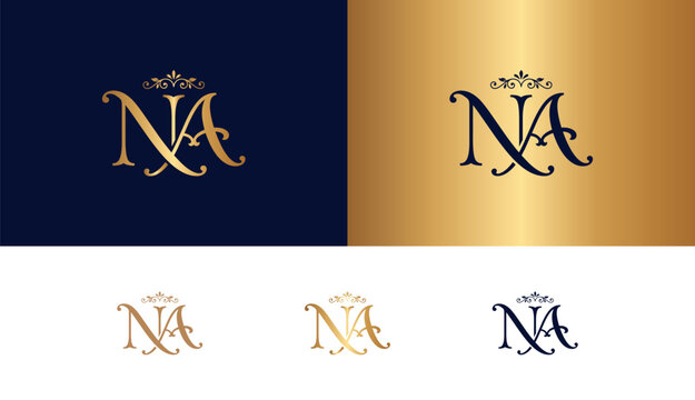Regal gold NA monogram logo with crown and decorative elements for branding.