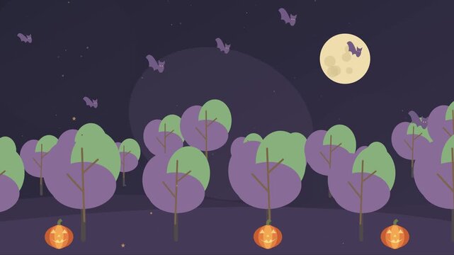 For&ecirc;t d&rsquo;Halloween avec chauves-souris, pleine lune et lanternes citrouilles