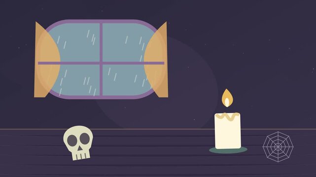 Coin hant&eacute; d&rsquo;Halloween avec bougies vacillantes, cr&acirc;ne et toile d&rsquo;araign&eacute;e