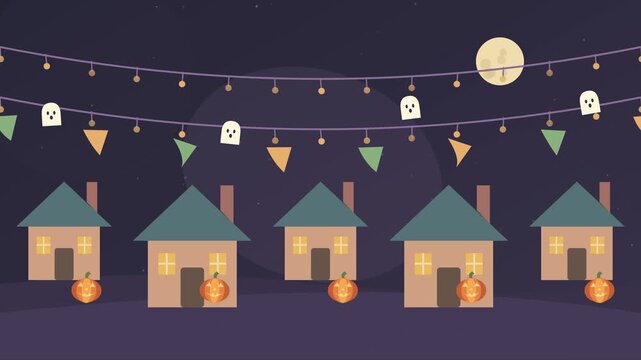 Village d&rsquo;Halloween au cr&eacute;puscule avec fen&ecirc;tres lumineuses, fant&ocirc;mes et citrouilles
