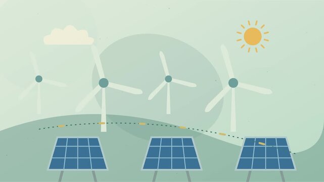 Paysage d&rsquo;&eacute;nergie renouvelable avec &eacute;oliennes en rotation et panneaux solaires